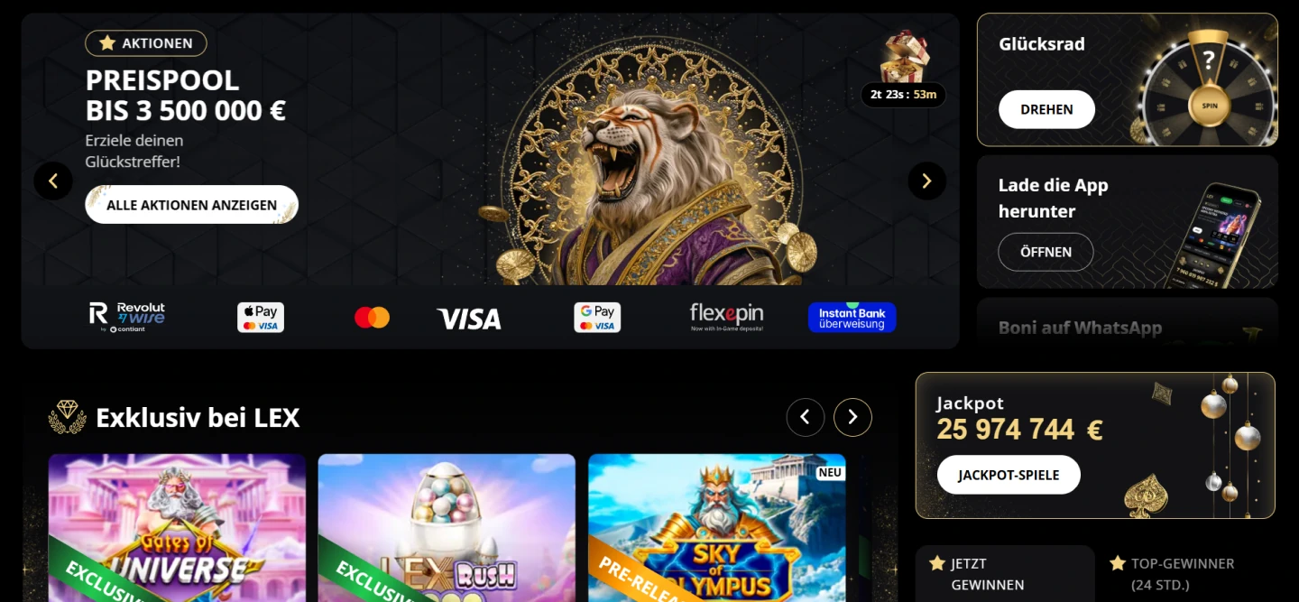 Lex Casino Desktop Banner mit Bonus